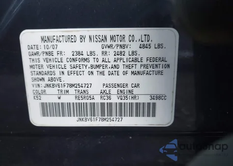 2008 Infiniti G35X from USA, damaged, VIN JNKBV61F78M254727